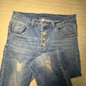 Zara Medium Blue High-Rise Button-Fly Distressed Jeans